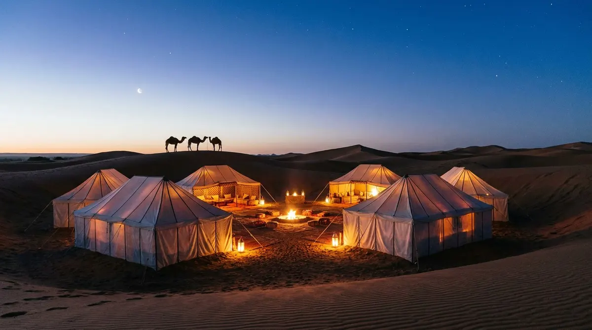 Vue aérienne du campement posé sur le sable